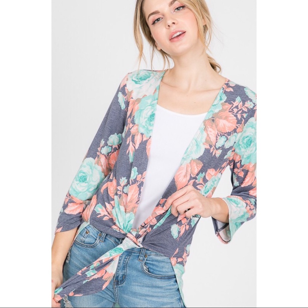 Navy Mint Floral Kimono Cardigan